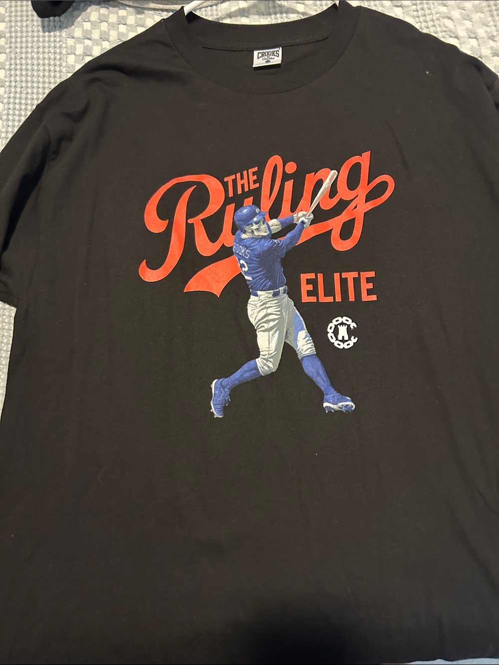 Crooks & Castles Black Short-Sleeve Tee with Red Script and Blue Batter Graphic